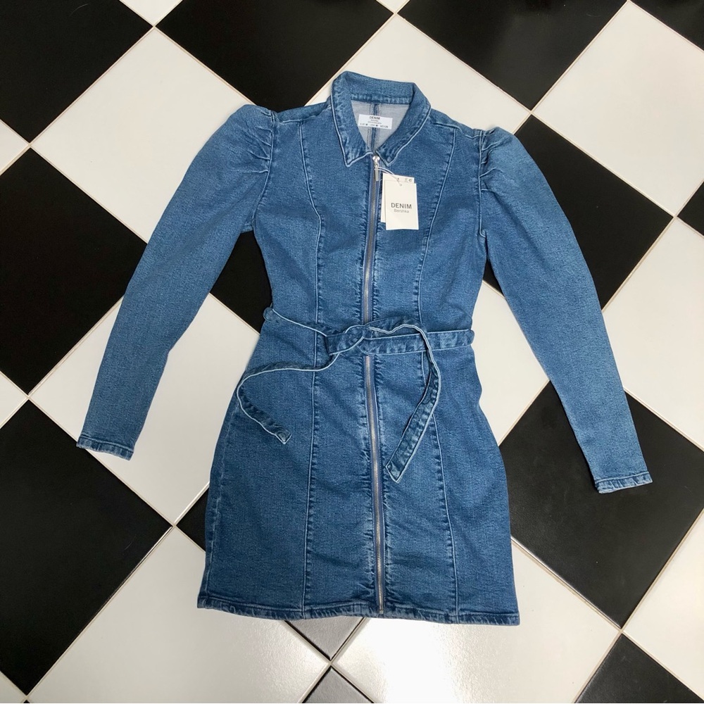 NWT Bershka Shirt Mini Dress Long Sleeve Denim Belted Puffy Sleeves Western sz M - Picture 6 of 13